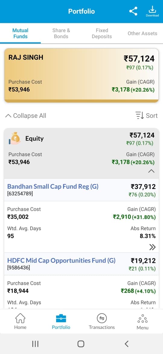 Ckredence mutual fund app screen