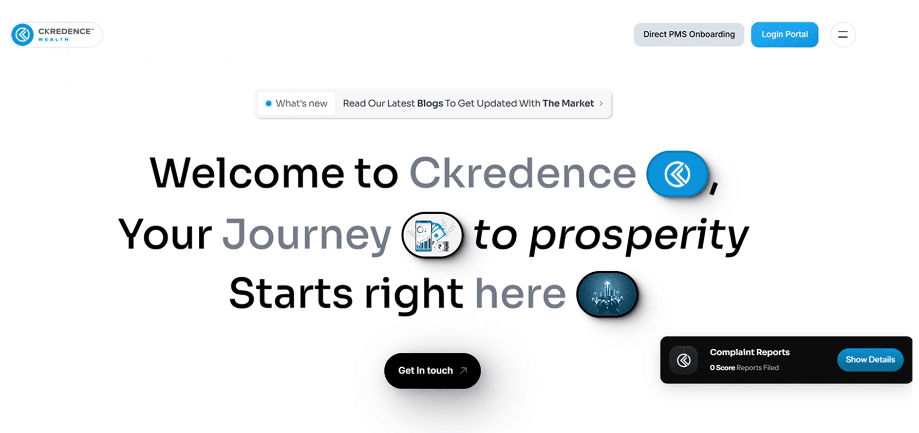 Homepage screenshot of Ckredence Wealth highlighting PMS onboarding